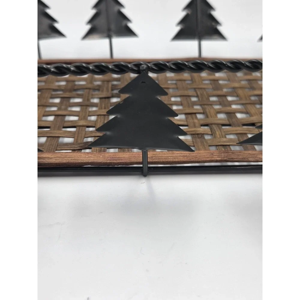 Vintage Wicker Wire Pine Tree Rectangle Bread Basket Tray Handles Holiday
